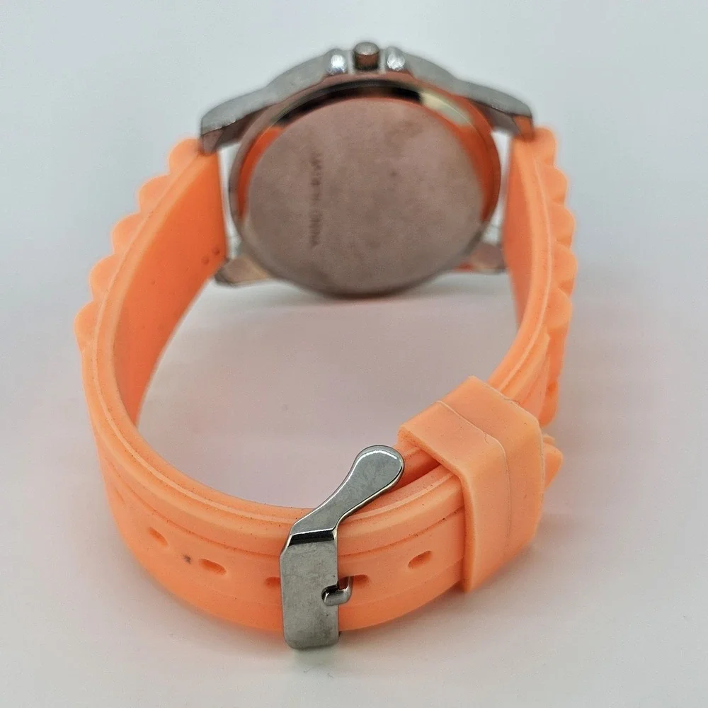 Women Analog Watch 41MM Gray Dial Crystal Bezel Orange Plastic Bands NEW Battery